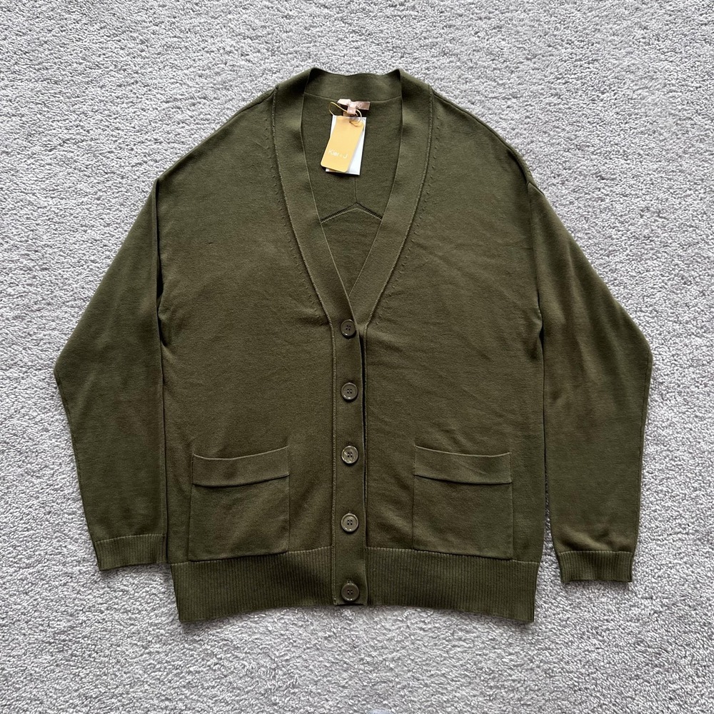 Kier + J V-Neck Button Front Cardigan Sweater Womens XL Green Cotton Cashmere